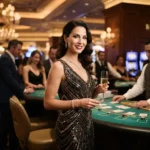 Glamorous lady enjoying a luxurious casino atmosphere inspired by ME777 Online Casino.