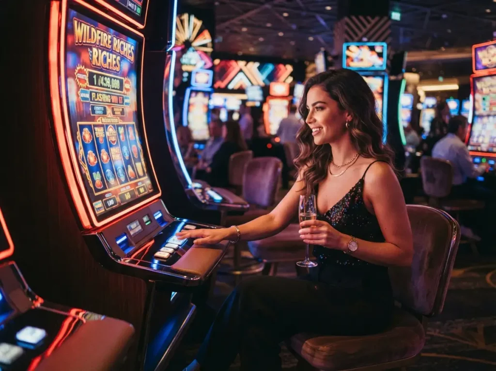 Stylish player enjoying the vibrant slot machine area at a casino while exploring the excitement of ME777 Online Casino.