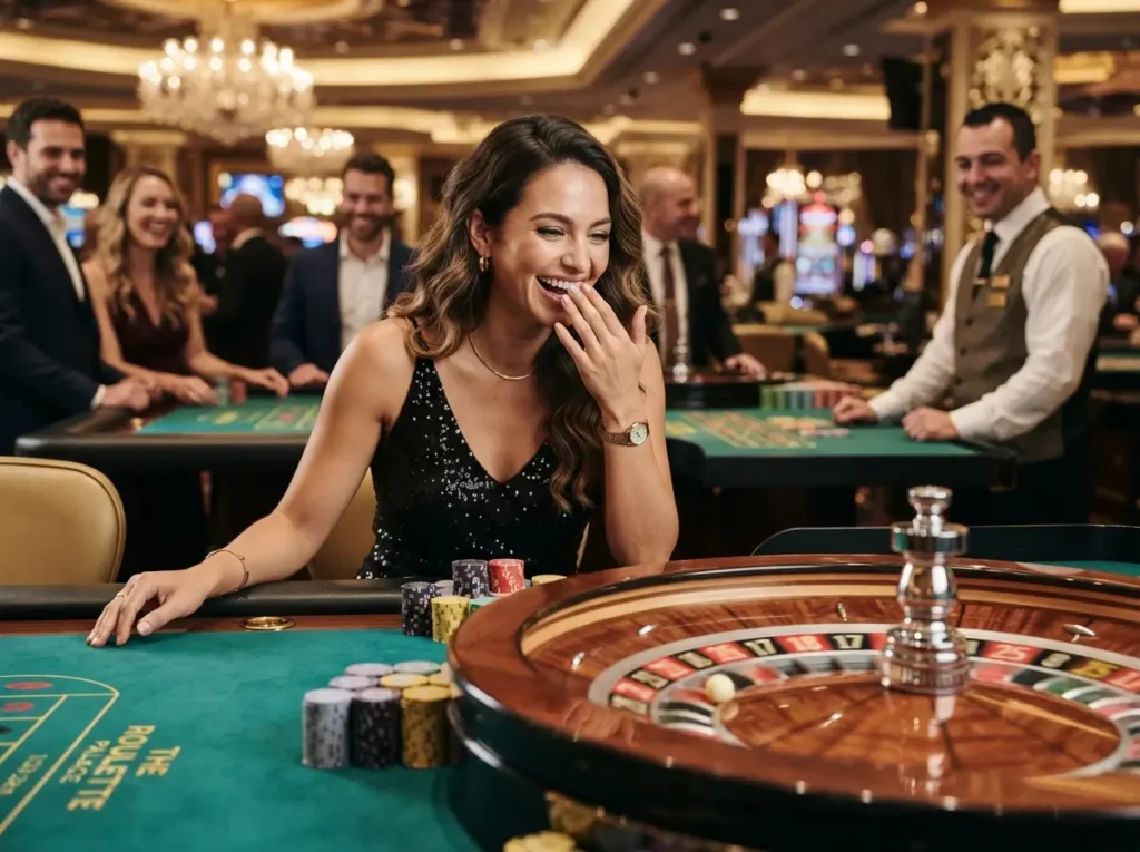 Stylish woman enjoying a fun evening in a luxury casino, inspired by the excitement of ME777 Online Casino.