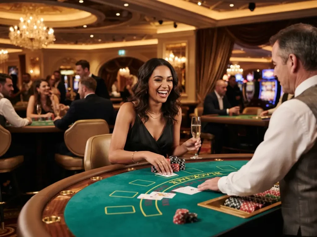 Stylish female player enjoying an elegant gaming moment at a luxury casino, inspired by the excitement of Milton 888 Online Casino.