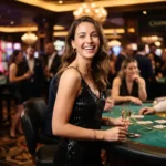 Stylish lady smiling at the camera while enjoying the elegant atmosphere inspired by Milton 888 Online Casino in a luxury casino.