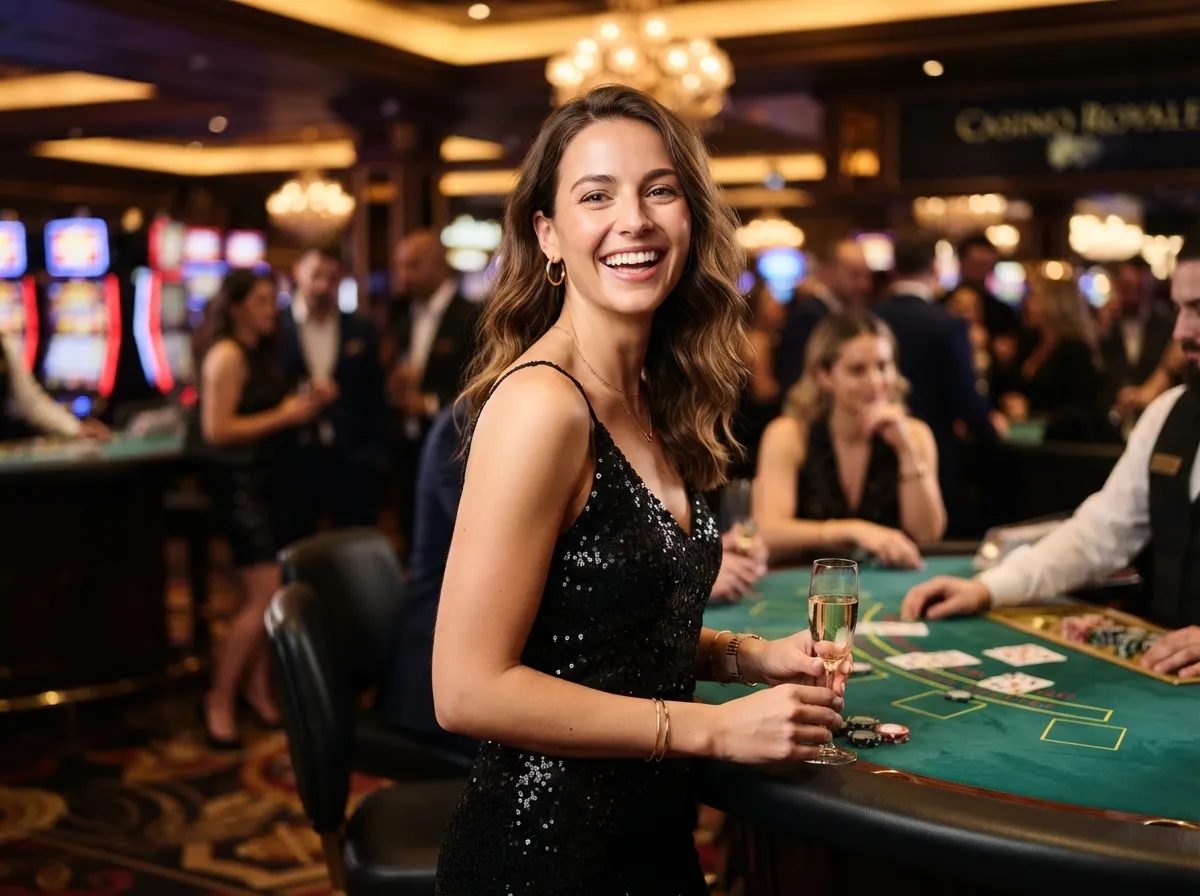 Stylish lady smiling at the camera while enjoying the elegant atmosphere inspired by Milton 888 Online Casino in a luxury casino.