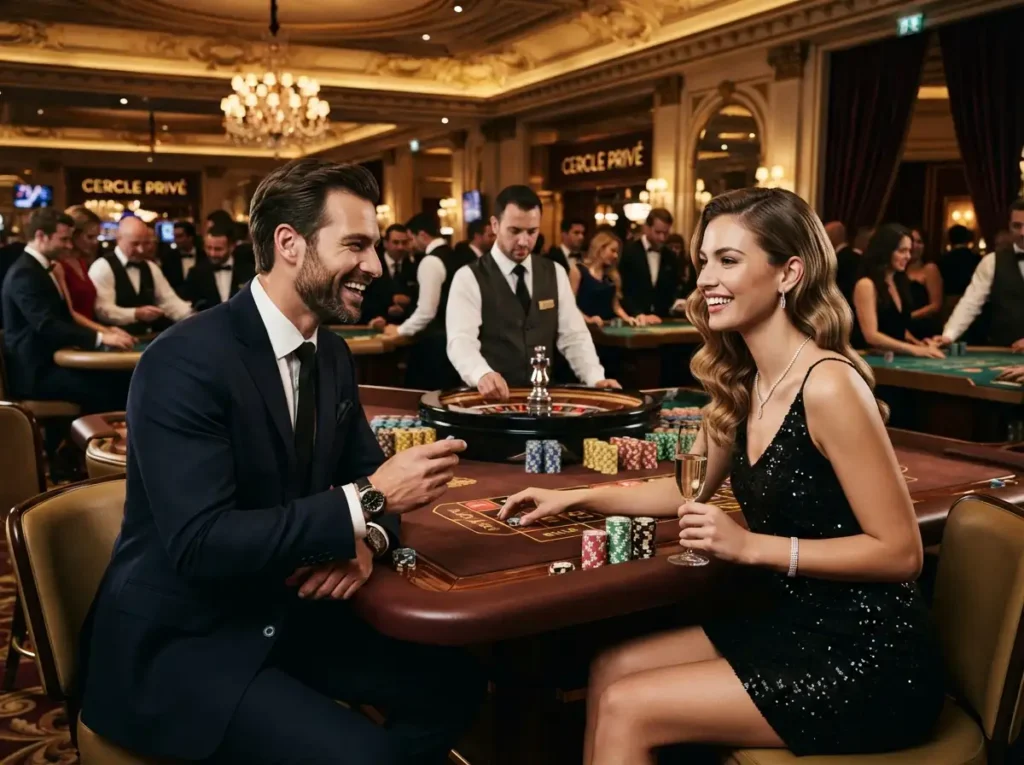 A stylish couple enjoying an elegant evening at a luxury casino, inspired by the excitement of Milton 888 Online Casino.