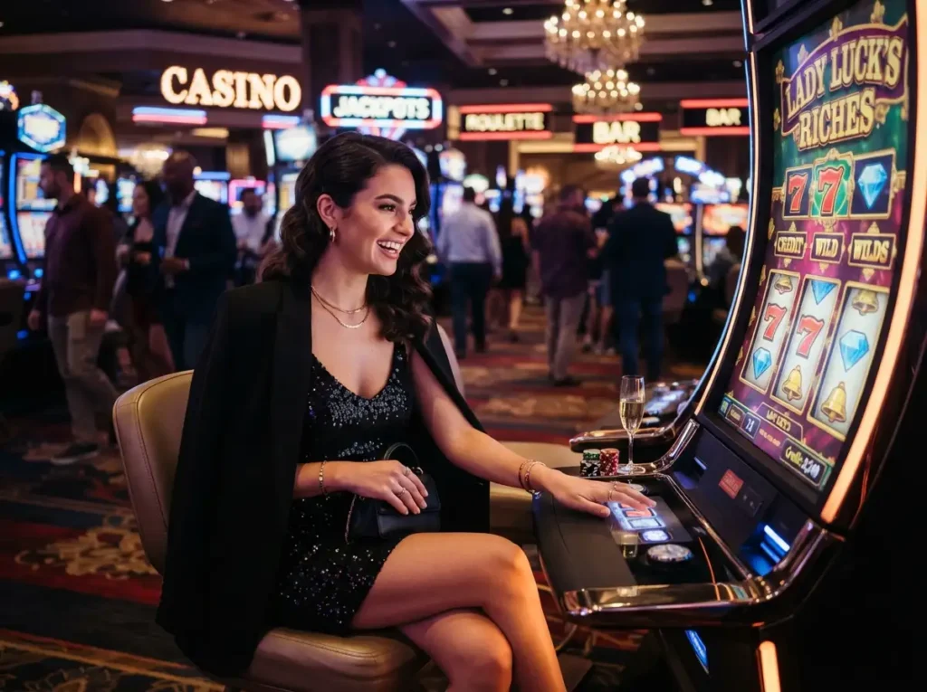 A stylish woman enjoying casino games under bright lights, inspired by the excitement of Milton 888 Online Casino.