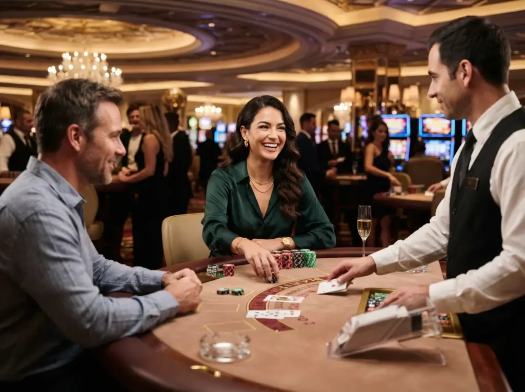 Confident female player enjoying a stylish gaming session in a luxury casino, inspired by online casino hacks.