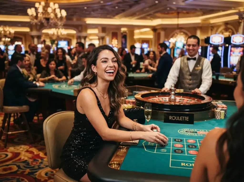 Fashionable woman enjoying a glamorous casino night while inspired by online casino hacks.