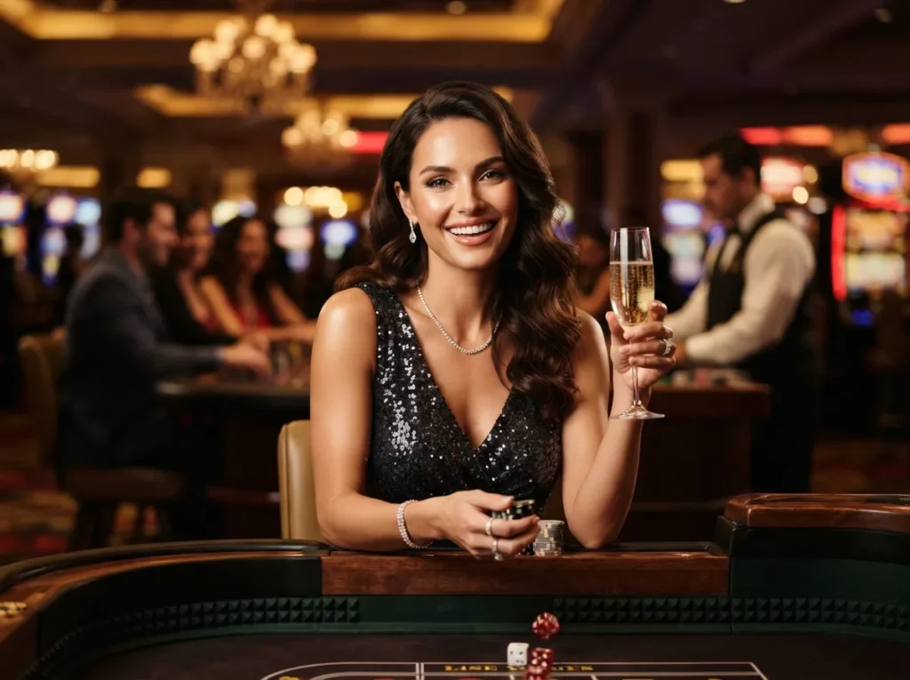 A glamorous woman enjoying a game at a luxury casino table, inspired by the excitement of online casino hacks.