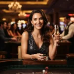 A glamorous woman enjoying a game at a luxury casino table, inspired by the excitement of online casino hacks.