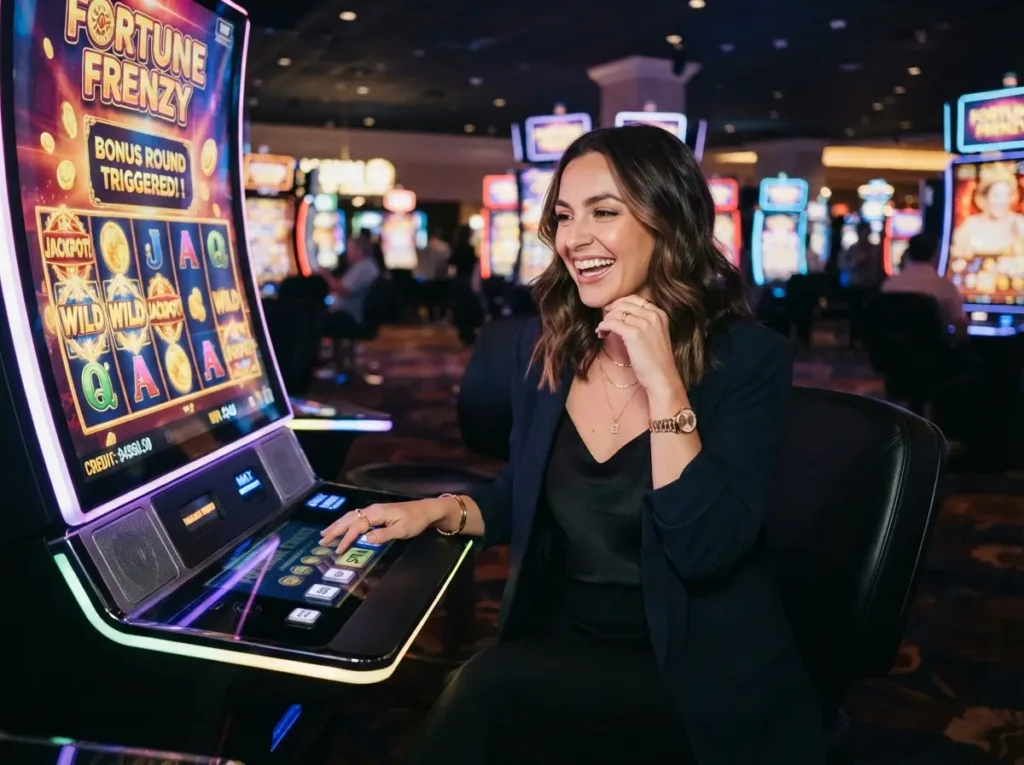 Stylish female player enjoying modern slot games in a luxury casino while exploring online casino hacks.