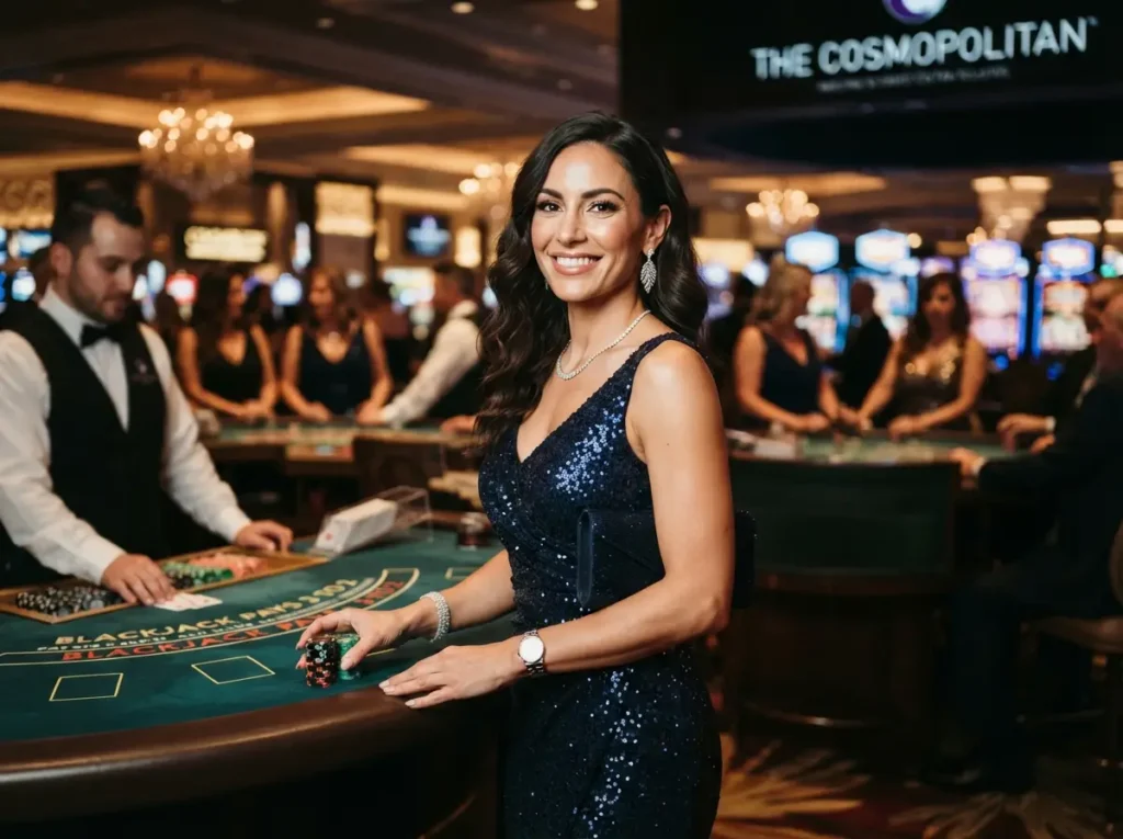 Glamorous female guest smiling inside a luxury casino, inspired by the excitement of Online Casino Paypal Philippines.