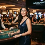 Glamorous female guest smiling inside a luxury casino, inspired by the excitement of Online Casino Paypal Philippines.