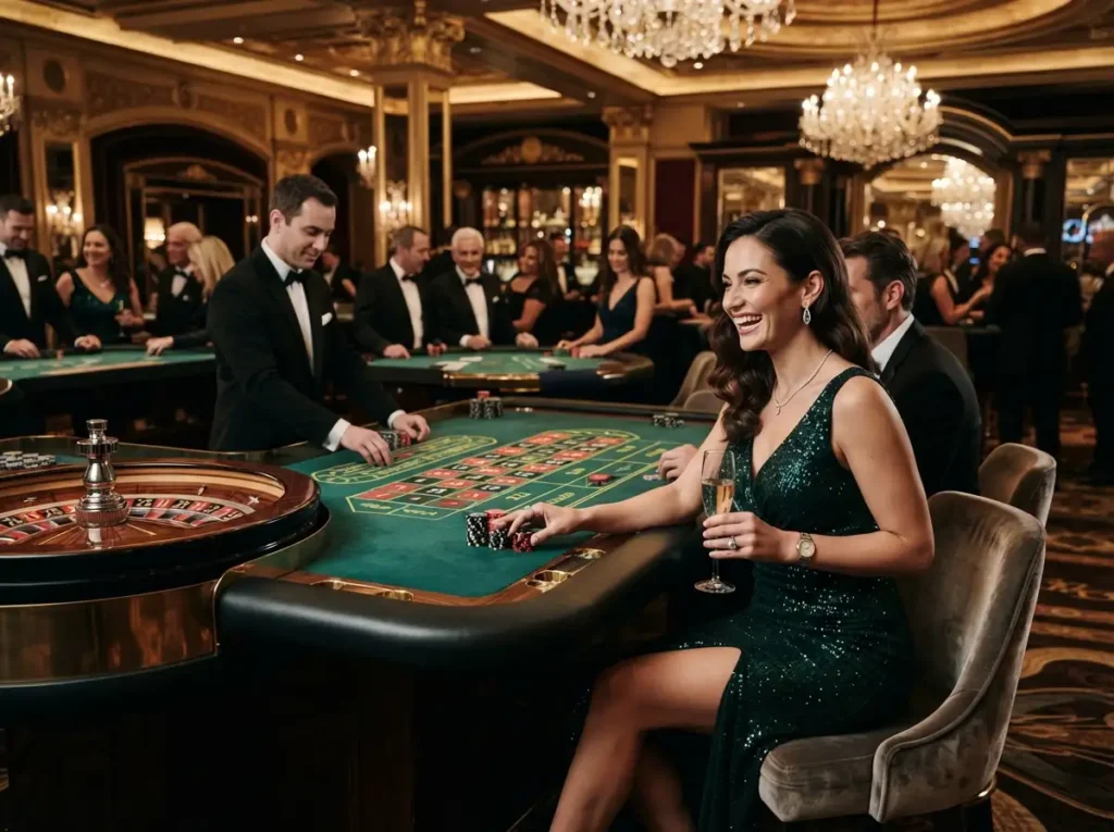 Elegant woman enjoying a game at a luxury casino while exploring Online Casino Paypal Philippines.