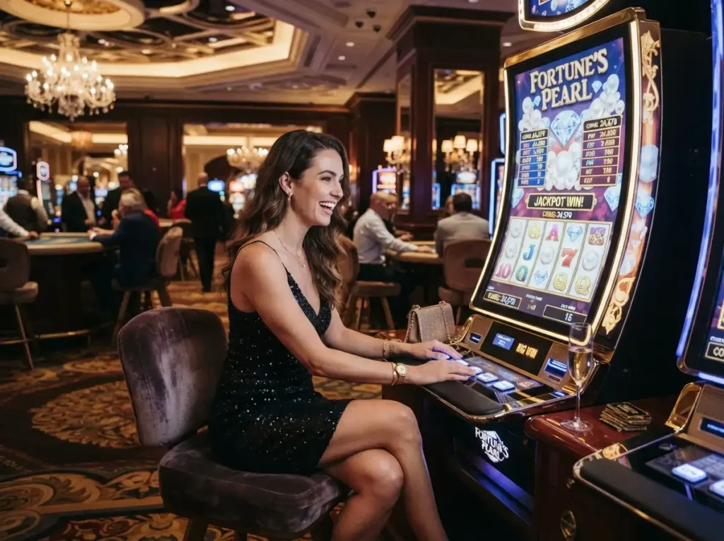 Woman enjoying a slot machine in a luxury casino while exploring Online Casino Paypal Philippines.