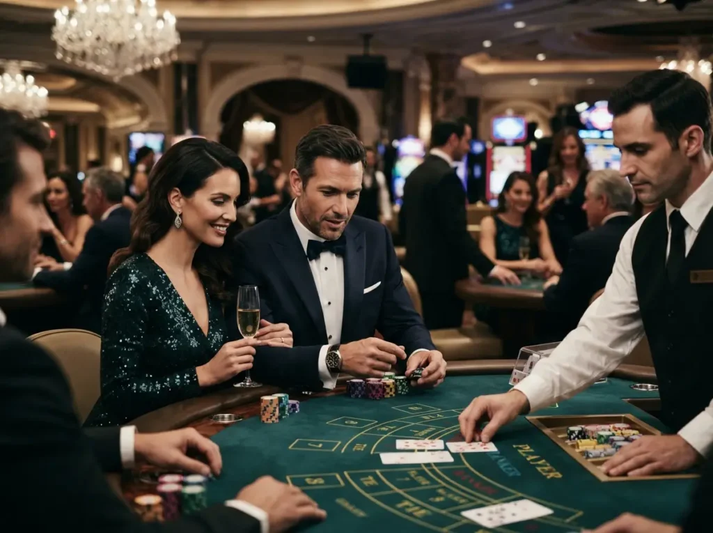 Sophisticated couple enjoying a baccarat game inside a luxury casino inspired by Online Casino Paypal Philippines.