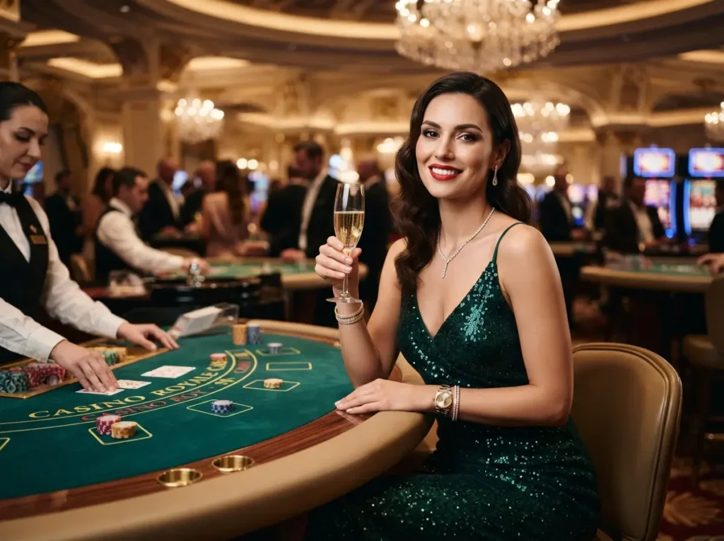 Stylish female guest enjoying a game at a luxury casino inspired by the excitement of Peso63 Online Casino.