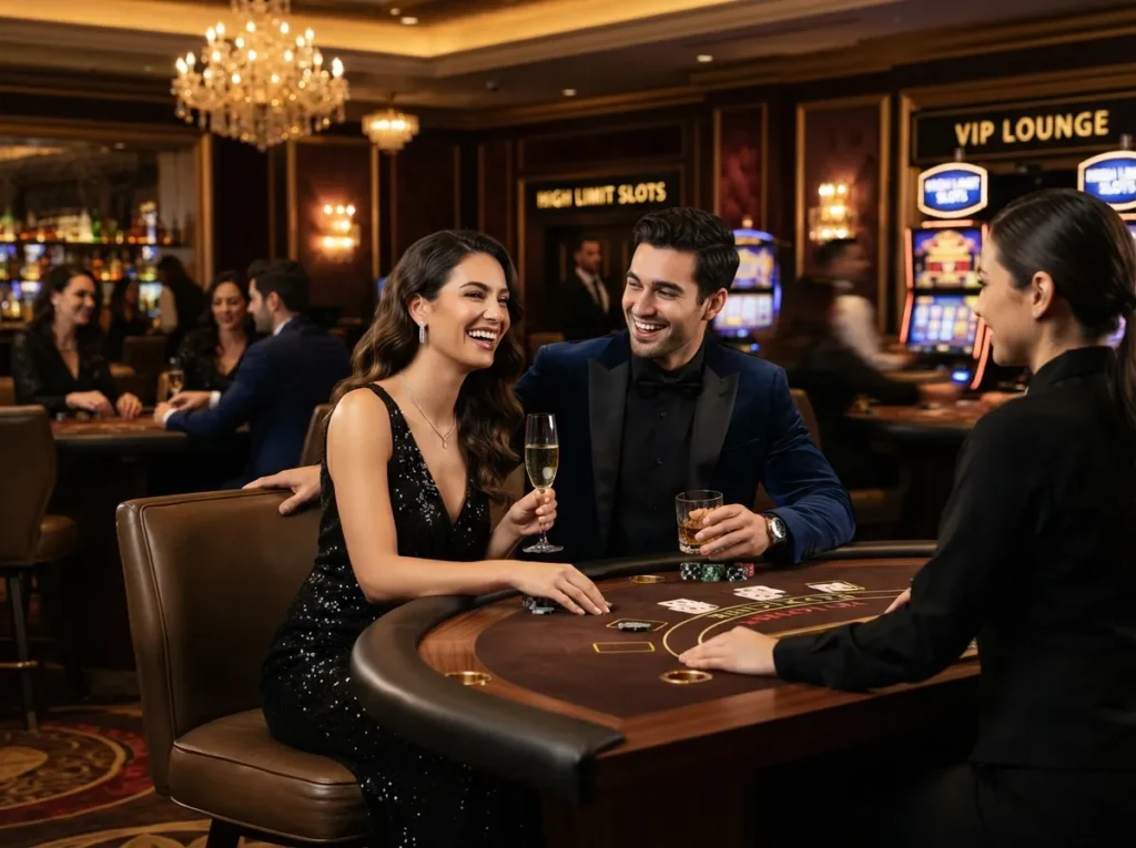 Stylish couple enjoying a VIP gaming experience at a luxurious casino lounge inspired by Peso63 Online Casino.