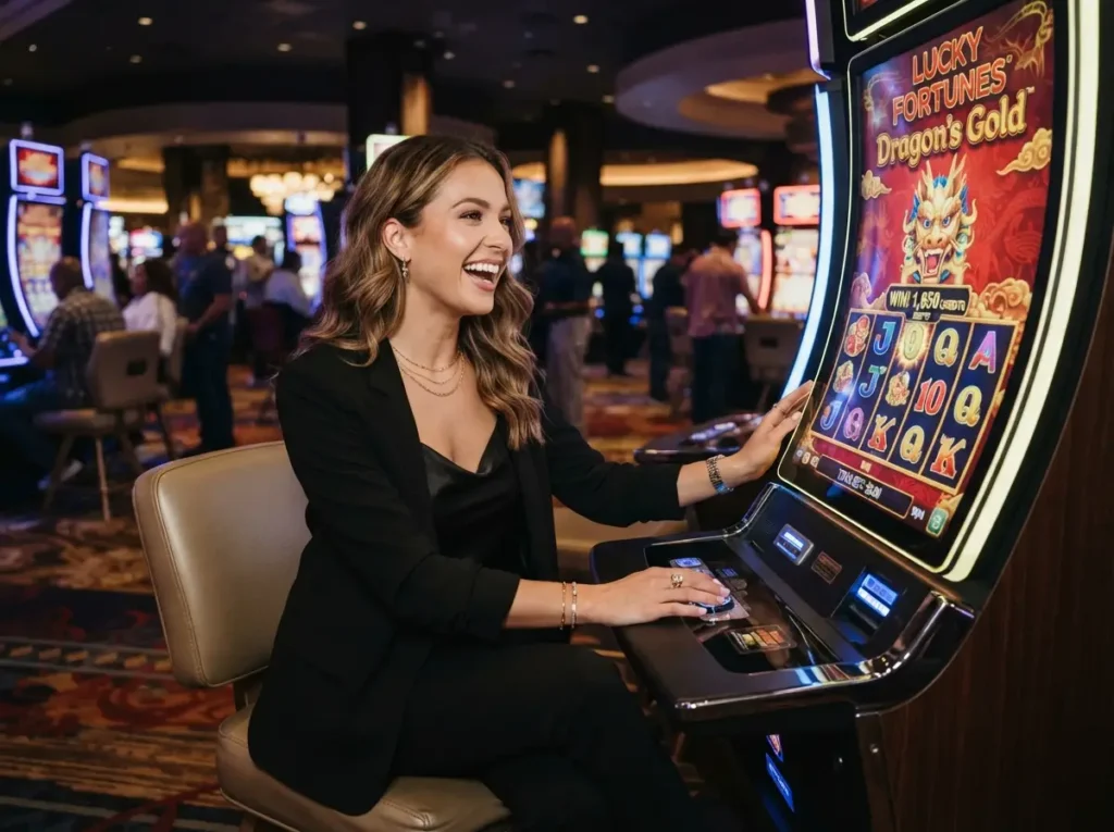 Stylish woman enjoying modern slot games at a luxury casino while exploring the excitement of Peso63 Online Casino.