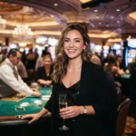 Stylish woman smiling at the camera while enjoying a game inside a luxury casino, inspired by the excitement of Peso63 Online Casino.