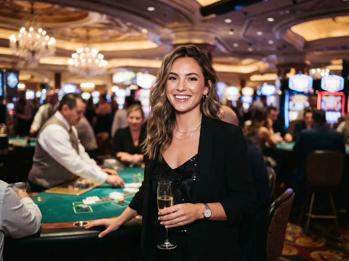 Stylish woman smiling at the camera while enjoying a game inside a luxury casino, inspired by the excitement of Peso63 Online Casino.
