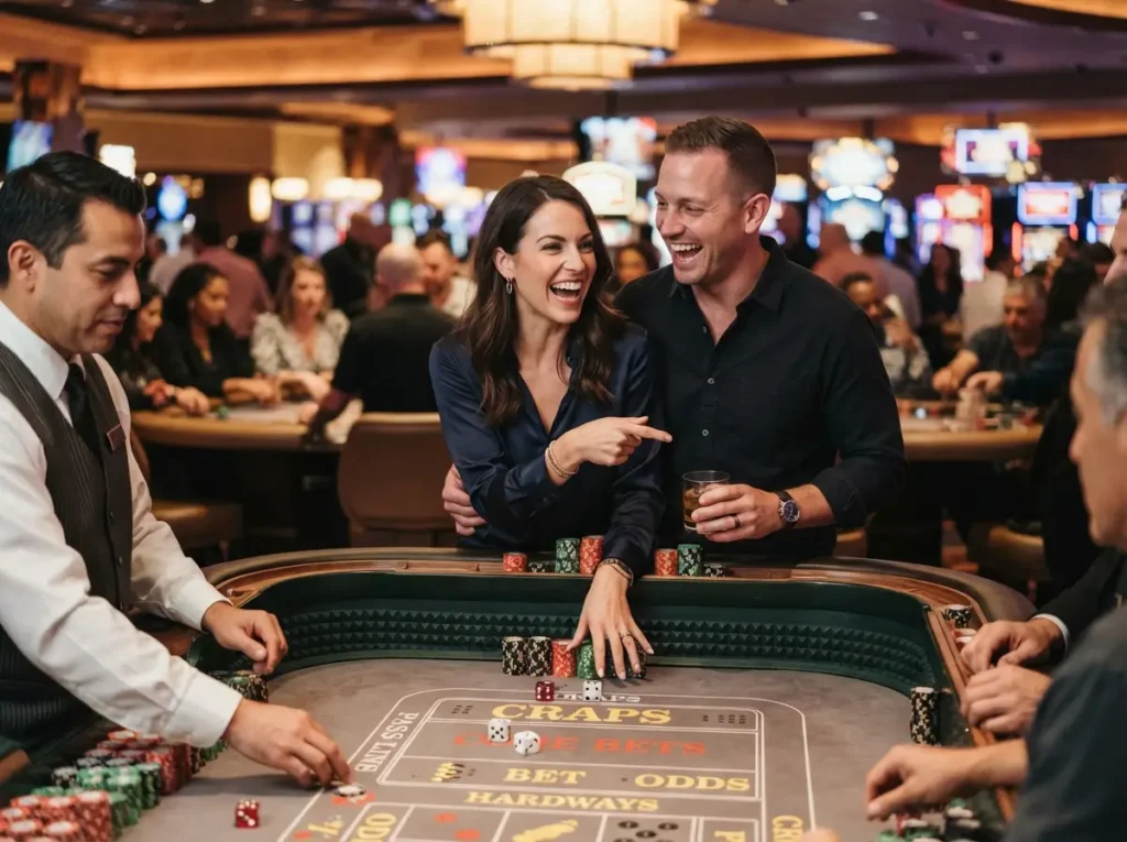 Couple enjoying a table game inside a luxury casino while exploring the excitement of PH Macau Online Casino.