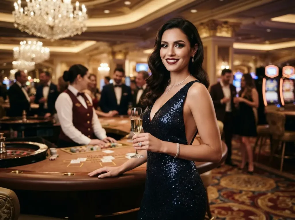 Elegant woman enjoying a luxurious casino atmosphere while representing PH Macau Online Casino.
