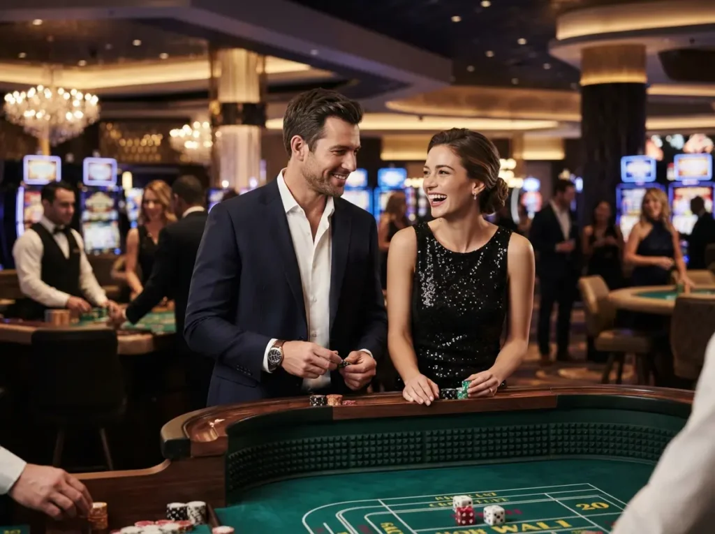 Sophisticated couple enjoying an elegant gaming experience inside a luxury casino with PH Macau Online Casino.
