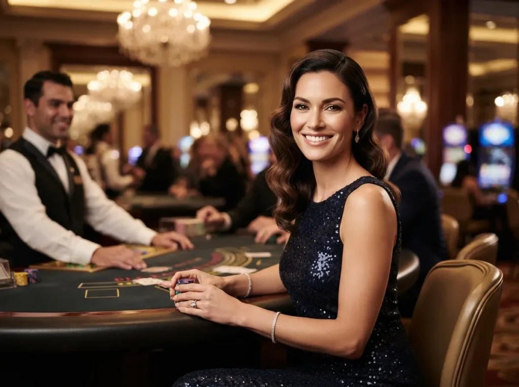 Elegant woman smiling confidently while enjoying games at a luxury casino, inspired by the excitement of PH Pasay Online Casino.