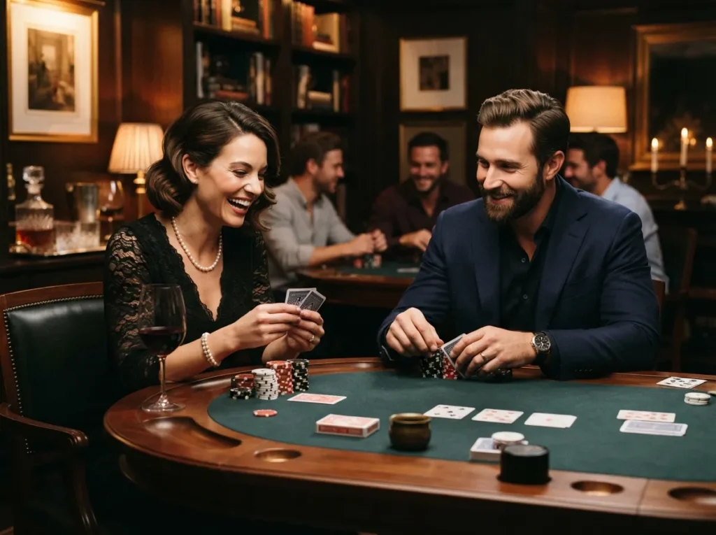 Elegant couple enjoying a poker game inside a luxury casino with the excitement of PH Pasay Online Casino.