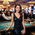 Glamorous woman smiling toward the camera while enjoying the gaming floor at a casino, inspired by the excitement of PH Pasay Online Casino.