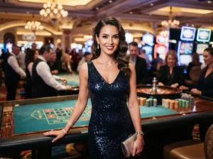 Glamorous woman smiling toward the camera while enjoying the gaming floor at a casino, inspired by the excitement of PH Pasay Online Casino.