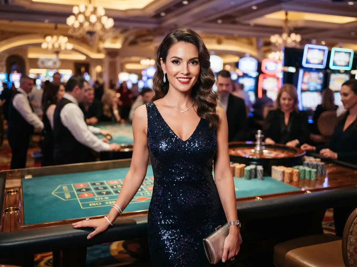 Glamorous woman smiling toward the camera while enjoying the gaming floor at a casino, inspired by the excitement of PH Pasay Online Casino.