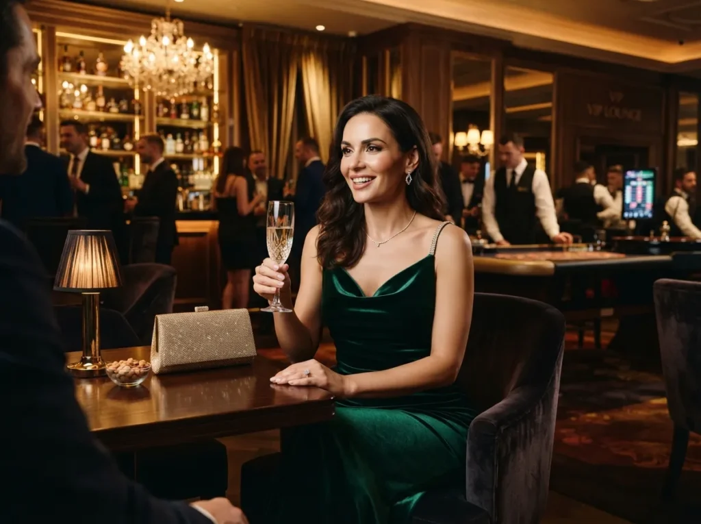 Elegant female guest enjoying the luxury casino atmosphere inspired by Pogo Online Casino in a VIP casino lounge setting