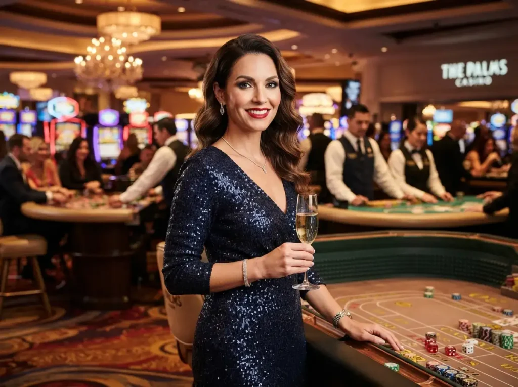 Glamorous woman facing the camera while enjoying a casino experience inspired by Pogo Online Casino entertainment