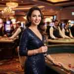 Glamorous woman facing the camera while enjoying a casino experience inspired by Pogo Online Casino entertainment