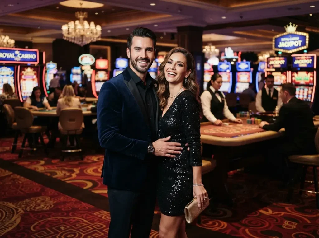 Pogo Online Casino couple enjoying a luxury casino experience together while facing the camera inside a gaming venue
