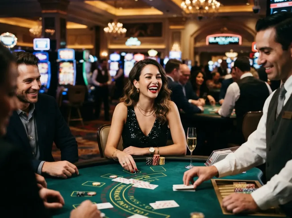 Woman enjoying a vibrant casino nightlife experience while playing games inspired by Pogo Online Casino