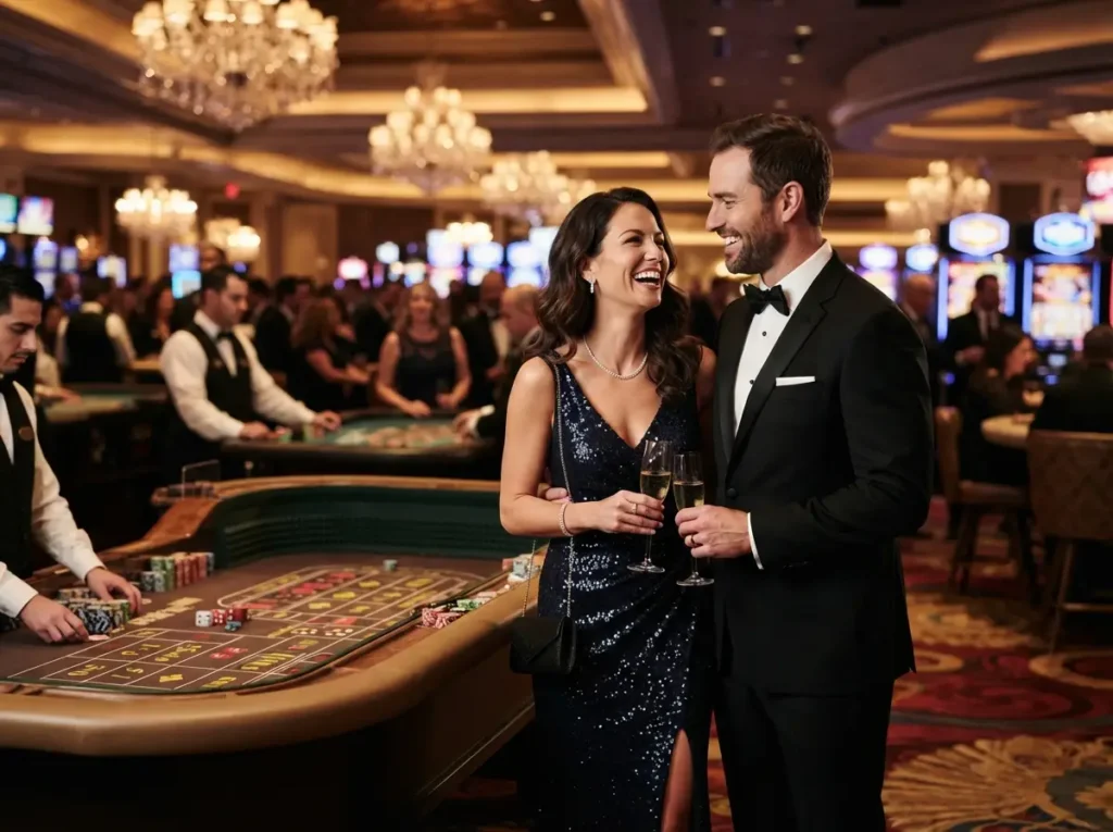 Couple smiling together on the casino floor while enjoying the excitement of Popular Online Casinos.