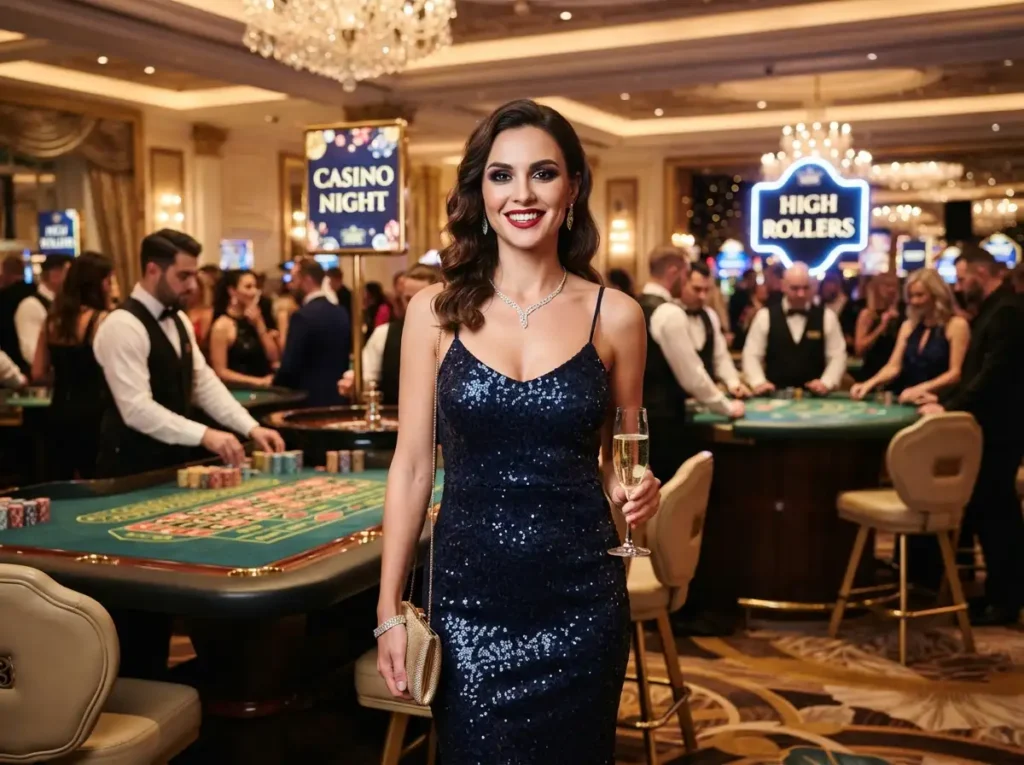 Front-facing woman enjoying the excitement of a luxury casino night inspired by Popular Online Casinos.