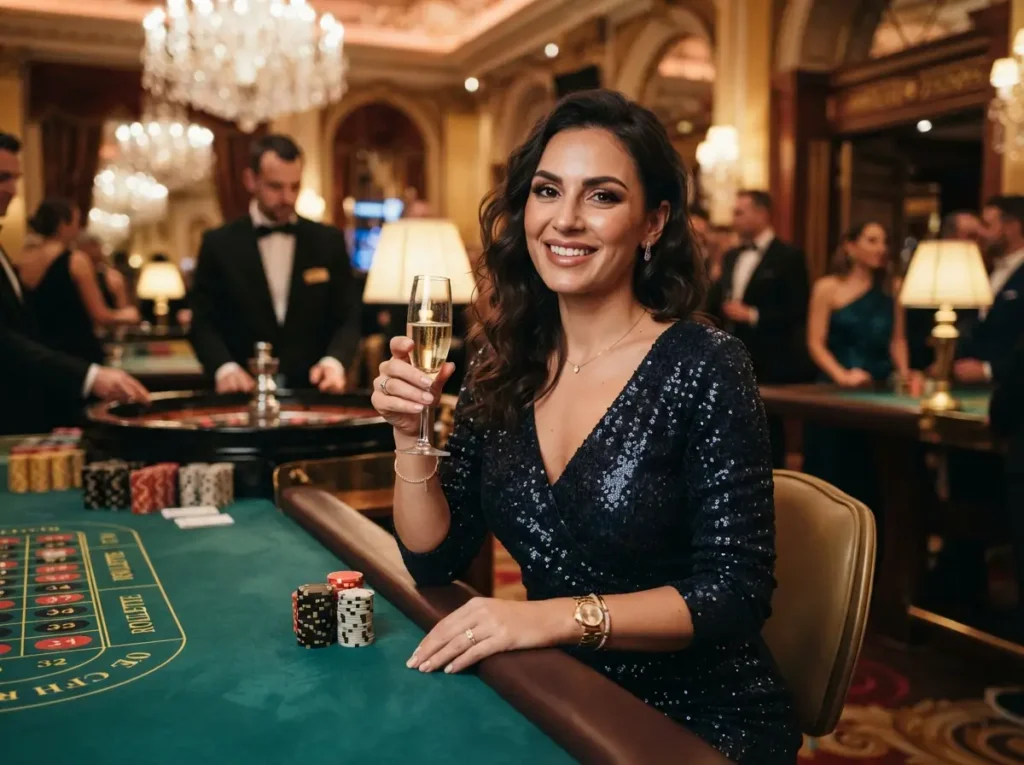 Stylish woman enjoying an elegant evening at a luxury casino, inspired by the excitement of Popular Online Casinos.