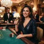 Stylish woman enjoying an elegant evening at a luxury casino, inspired by the excitement of Popular Online Casinos.