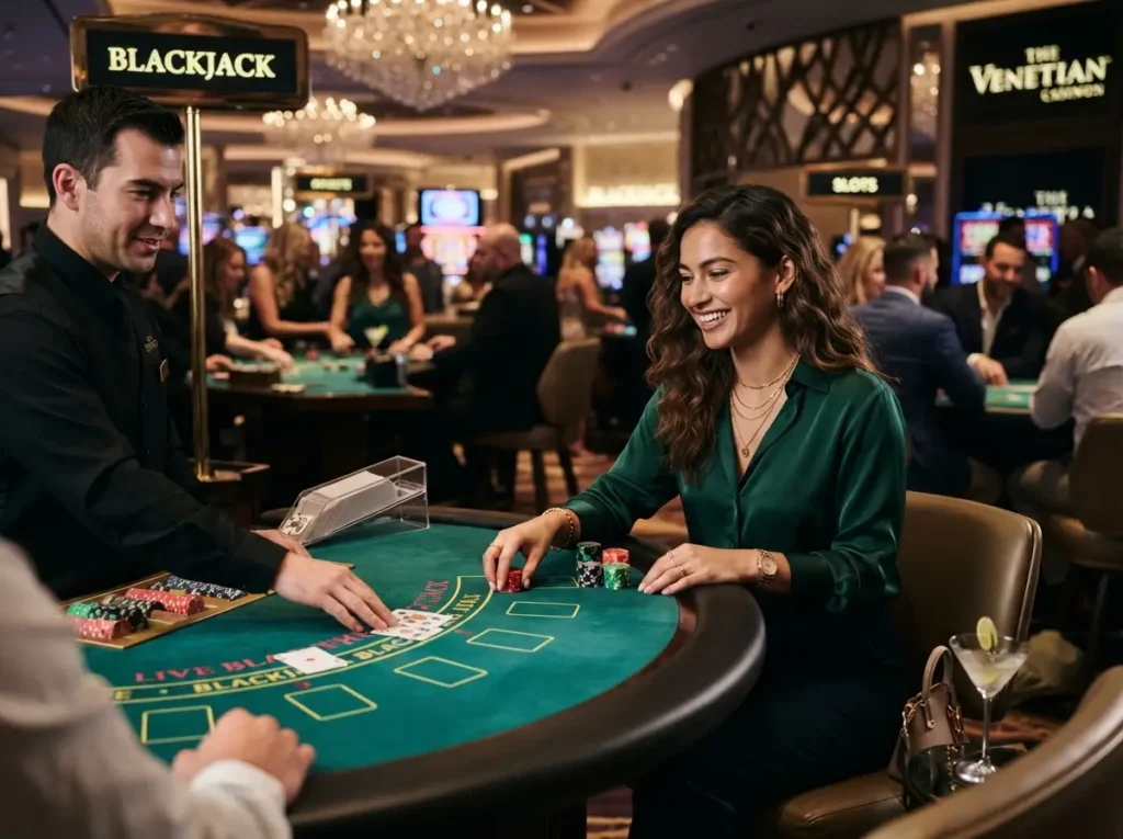 Woman enjoying the gaming floor at a luxury casino, reflecting the excitement of Popular Online Casinos.