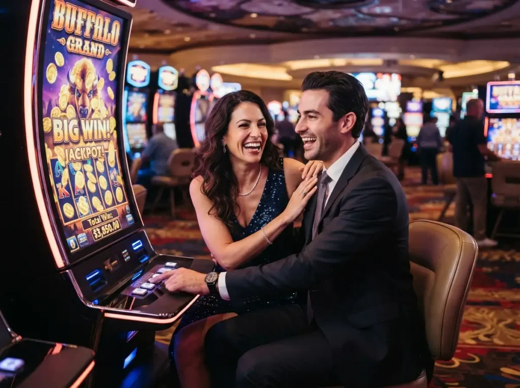Wild City Online Casino couple sharing a fun slot machine gaming moment inside a luxurious casino setting