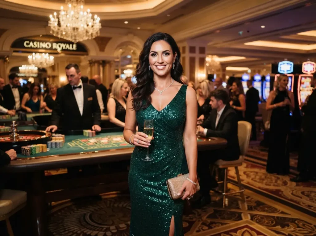 Front-facing woman enjoying the elegant atmosphere at a luxury casino while exploring the excitement of Wild City Online Casino.