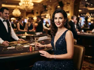 Glamorous female player enjoying a luxury casino atmosphere inspired by Wild City Online Casino entertainment