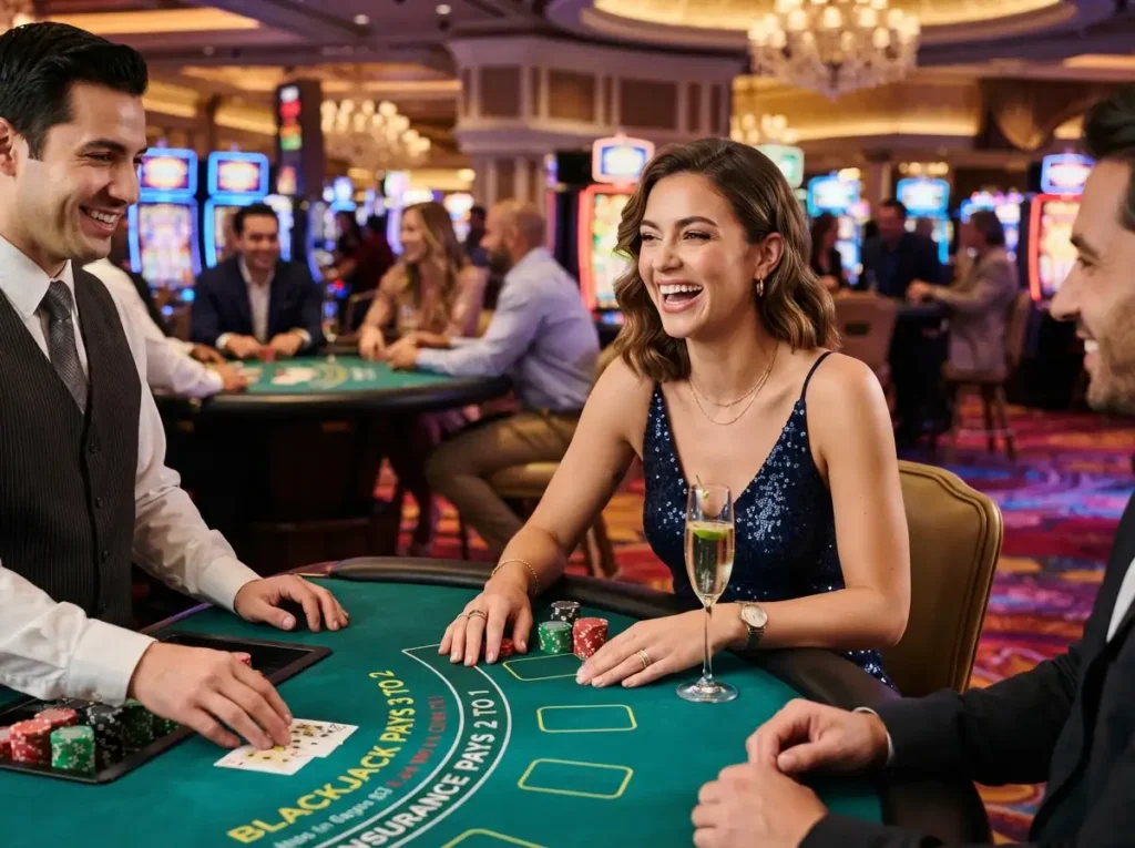 Woman enjoying a luxurious casino entertainment experience inspired by Wild City Online Casino at a gaming venue